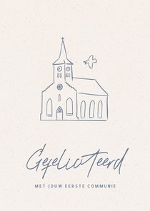 Felicitatiekaartje met illustratie van kerkje en duifje