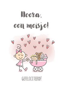 Felicitatiekaartje met meisje en kinderwagen met poppen