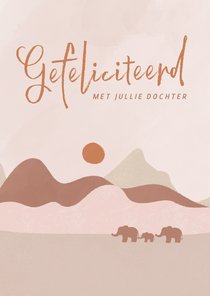 Felicitatiekaartje olifantjes in een landschap roze