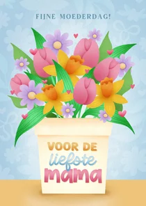 Fleurige moederdagkaart tulpen en narcissen in pot