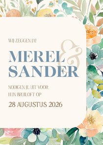 Fleurige trouwkaart waterverf bloemen en takjes