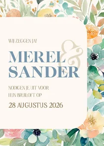 Fleurige trouwkaart waterverf bloemen en takjes