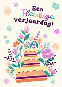 Fleurige verjaardagskaart met taart en bloemen