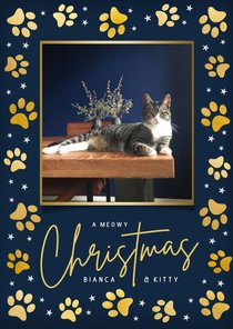 Foto kerstkaart hond , poes of kat met gouden pootafdrukjes