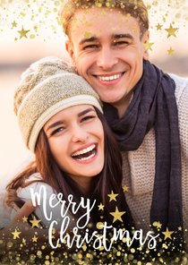 Foto kerstkaart met gouden confetti en typografie