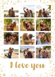 Fotocollage kaart met 12 eigen foto's en gouden confetti 