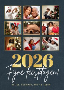 Fotocollage kerstkaart met 9 foto en gouden jaartal 2026