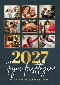 Fotocollage kerstkaart met 9 foto en gouden jaartal 2027