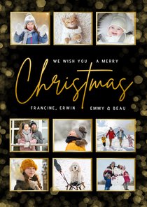 Fotocollage kerstkaart met 9 foto's en goudlook Christmas