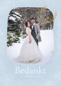 Fotokaart bedankt bruiloft met gouden ornament en initialen