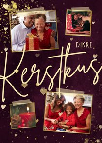 Fotokaart dikke kerstkus met 4 foto's en hartjes paars