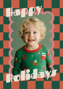 Fotokaart kerst happy holidays blokjespatroon hip