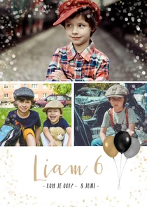 Fotokaart met 3 foto's en feestthema ballonnen en confetti
