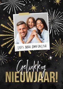 Fotokaart nieuwjaar vuurwerk oliebollen champagne foto