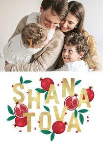 Fotokaart shana tova joods granaatappel goud typografie