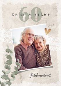 Fotokaart uitnodiging vintage kant eucalyptus goud
