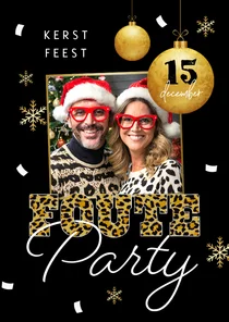 Foute kerstparty uitnodiging panterprint kerstballen sneeuw