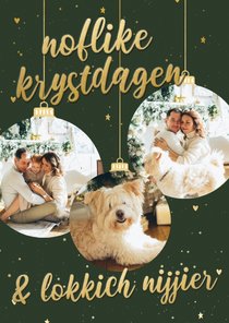 Fries kerstkaartje donkergroen met drie kerstballen