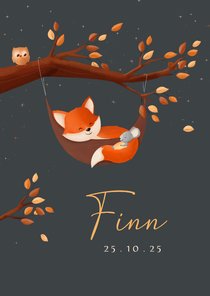 Geboortekaart jongen bosdieren vosje in hangmat in boom