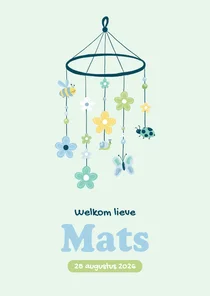 Geboortekaartje babymobiel met bloemen vlinder en bijtje