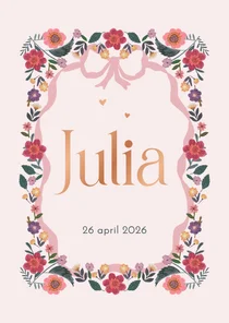 Geboortekaartje bloemen en roze strik