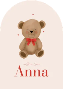 Geboortekaartje boogvorm teddybeer met strik hartjes roze