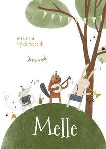 Geboortekaartje boom bosdiertjes en muziekinstrumenten