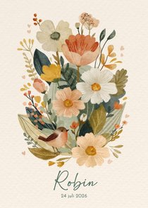 Geboortekaartje dochter met stijlvolle bloemen en vogeltje