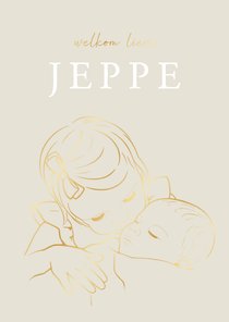Geboortekaartje illustratie zus met baby op schoot goud