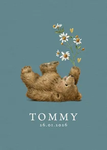 Geboortekaartje jongen met beertje en bloem met hartjes