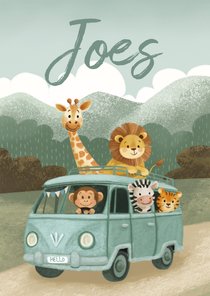 Geboortekaartje jongen met dieren in een busje