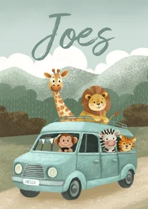 Geboortekaartje jongen met dieren in een busje