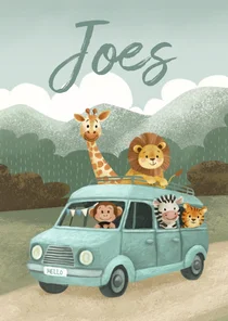 Geboortekaartje jongen met dieren in een busje