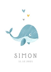 Geboortekaartje jongen walvis hartjes lief illustratie