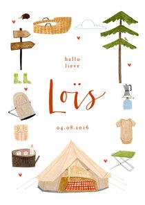 Geboortekaartje kamperen tent, hartjes en baby spulletjes