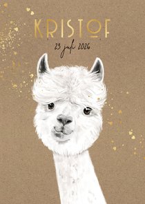 Geboortekaartje kraft alpaca illustratie goudfolie