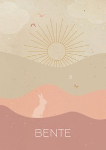 Geboortekaartje landschap met zon en konijntje roze