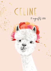 Geboortekaartje lief illustratie alpaca goudfolie hartjes