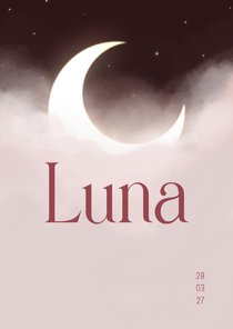 Geboortekaartje maan tussen wolken en sterren rood