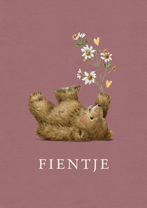 Geboortekaartje meisje met beertje en bloem met hartjes