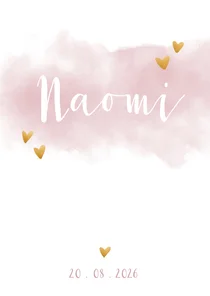 Geboortekaartje meisje met waterverf en hartjes