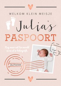 Geboortekaartje meisje paspoort made with love stempels