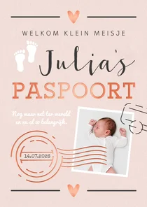 Geboortekaartje meisje paspoort made with love stempels