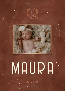 Geboortekaartje met foto hand met voetjes foliedruk