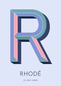 Geboortekaartje met gekleurde 3d letter R teal roze