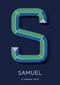 Geboortekaartje met gekleurde 3d letter S blauw paars