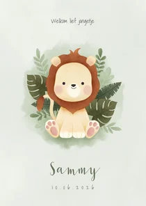 Geboortekaartje met leeuwtje, junglebladeren en waterverf