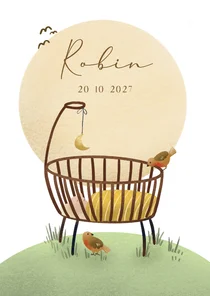 Geboortekaartje met wieg en zon en vogels