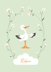 Geboortekaartje ooievaar met bloemenrand