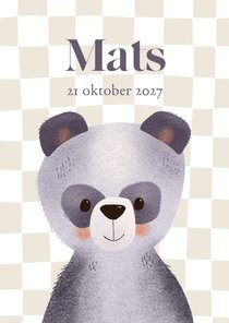 Geboortekaartje panda en blokjespatroon en eigen foto